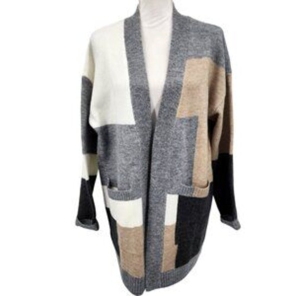 PAPER CRANE Colorblock Open Front Long Cardigan Sweater Small NWT